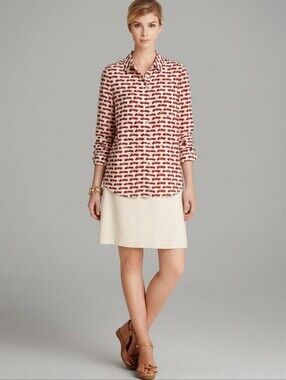 Kate Spade Silk Race Car Graphic Button Down Shirt Blouse Top Red White S